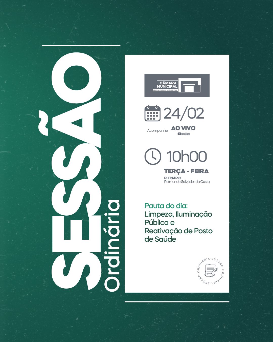 Convite para Sessão Ordinária no dia 24 de Fevereiro de 2026.